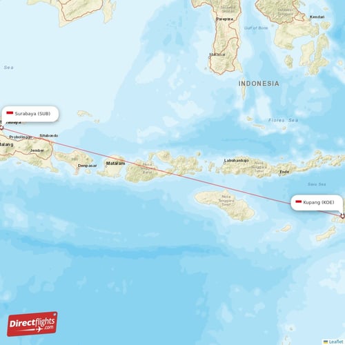 Kupang - Surabaya direct flight map