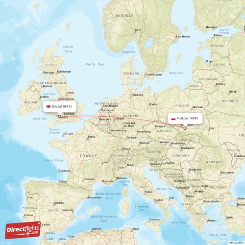 Krakow - Bristol direct flight map