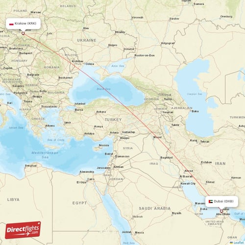 Krakow - Dubai direct flight map