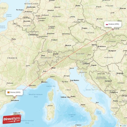 Krakow - Girona direct flight map