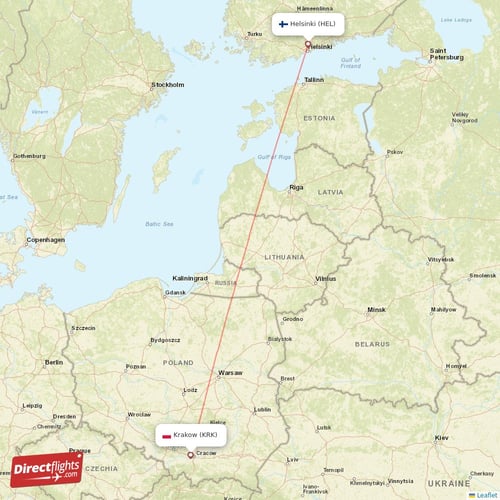 Krakow - Helsinki direct flight map