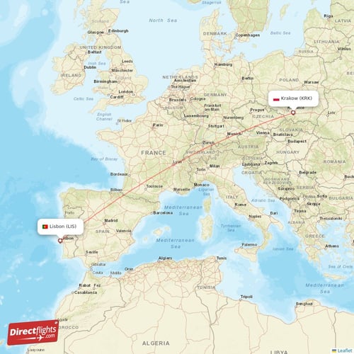 Krakow - Lisbon direct flight map
