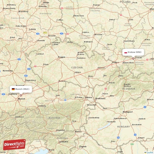 Krakow - Munich direct flight map