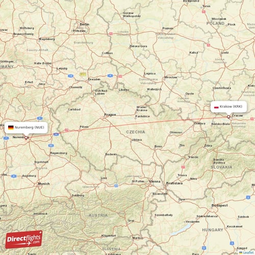 Krakow - Nuremberg direct flight map