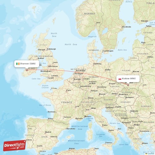Krakow - Shannon direct flight map