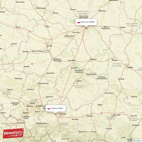 Krakow - Warsaw direct flight map