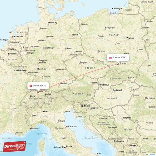 Krakow - Zurich direct flight map