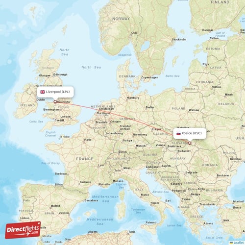 Kosice - Liverpool direct flight map