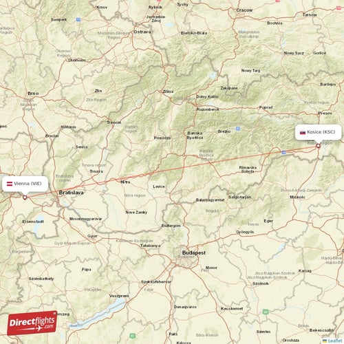 Kosice - Vienna direct flight map