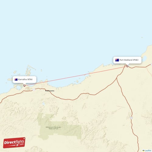 Karratha - Port Hedland direct flight map