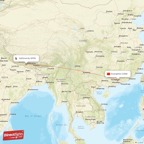 Kathmandu - Guangzhou direct flight map
