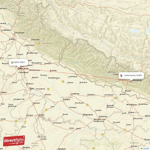 Kathmandu - Delhi direct flight map
