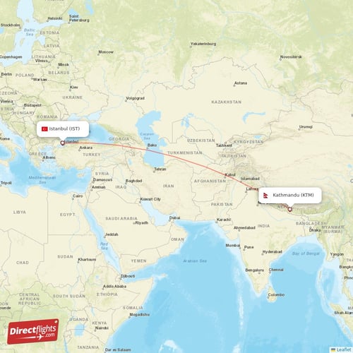 Kathmandu - Istanbul direct flight map