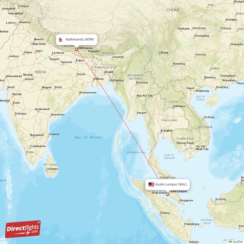 Kathmandu - Kuala Lumpur direct flight map