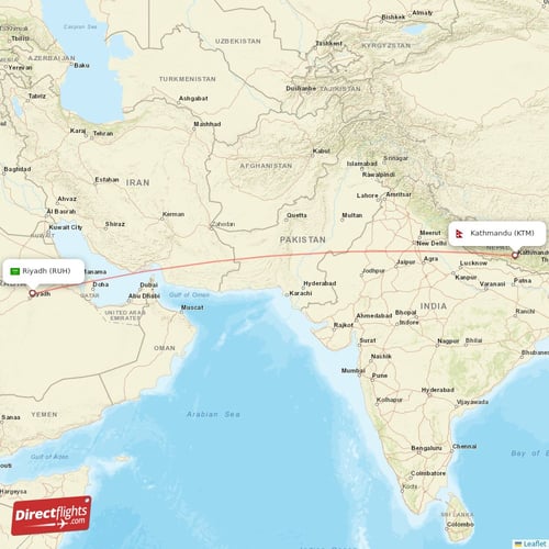 Kathmandu - Riyadh direct flight map