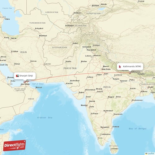 Kathmandu - Sharjah direct flight map