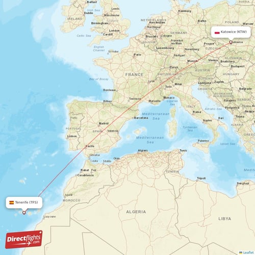 Katowice - Tenerife direct flight map