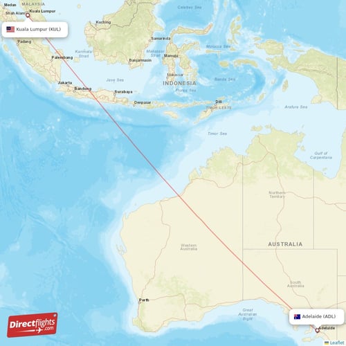 Kuala Lumpur - Adelaide direct flight map