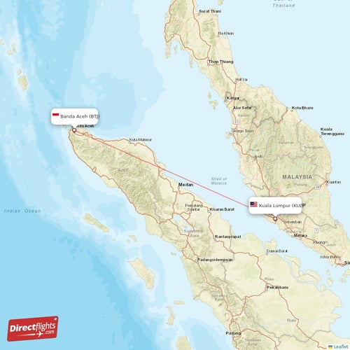 Kuala Lumpur - Banda Aceh direct flight map