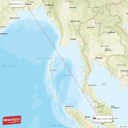 Kuala Lumpur - Kolkata direct flight map