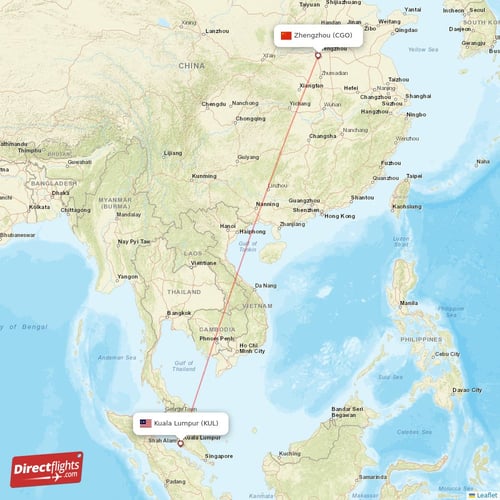 Kuala Lumpur - Zhengzhou direct flight map