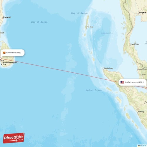 Kuala Lumpur - Colombo direct flight map