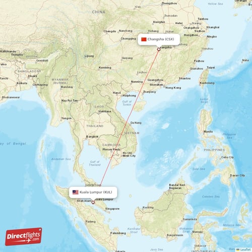 Kuala Lumpur - Changsha direct flight map