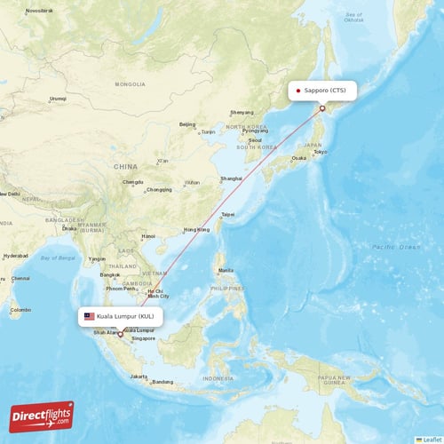 Kuala Lumpur - Sapporo direct flight map
