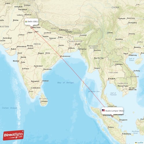 Kuala Lumpur - Delhi direct flight map