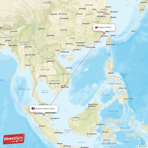 Kuala Lumpur - Fuzhou direct flight map