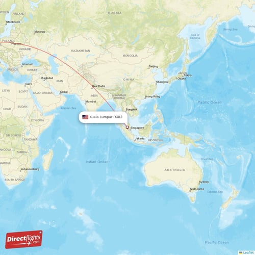 Kuala Lumpur - London direct flight map