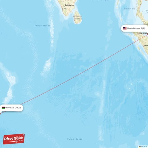 Kuala Lumpur - Mauritius direct flight map
