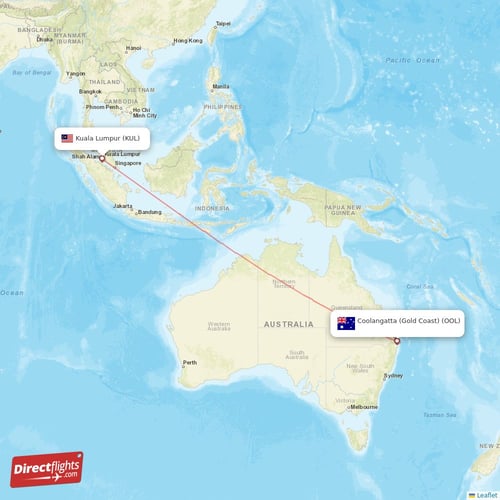 Kuala Lumpur - Coolangatta (Gold Coast) direct flight map