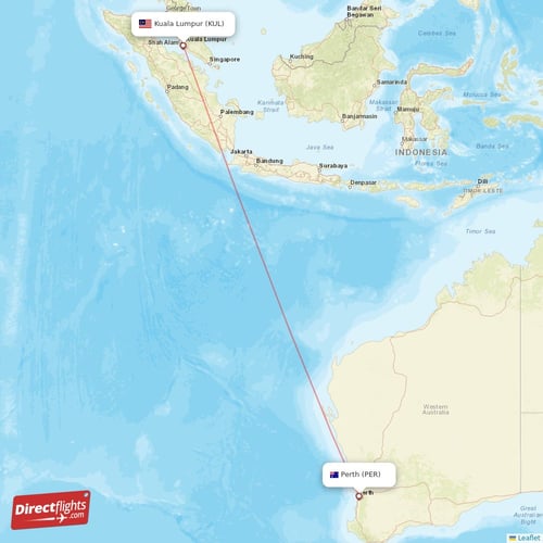 Kuala Lumpur - Perth direct flight map