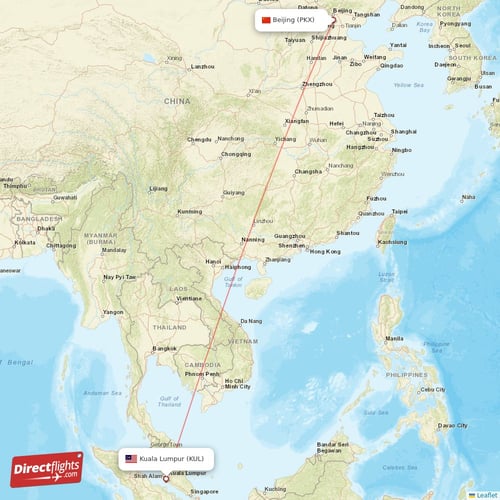 Kuala Lumpur - Beijing direct flight map