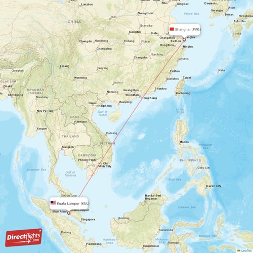 Kuala Lumpur - Shanghai direct flight map