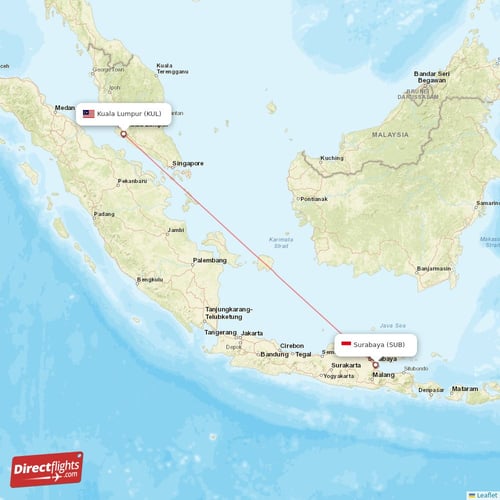Kuala Lumpur - Surabaya direct flight map