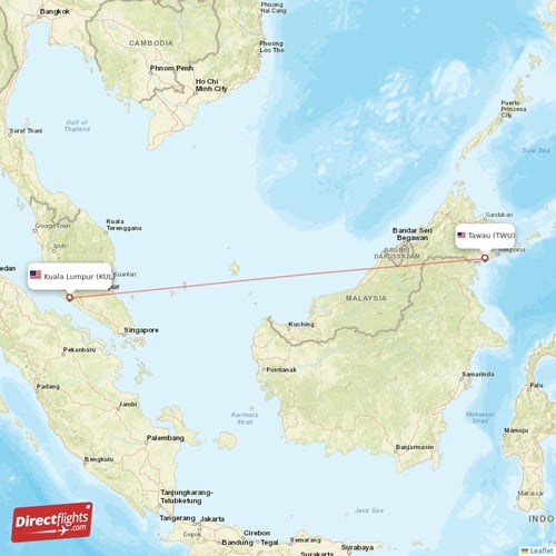 Kuala Lumpur - Tawau direct flight map