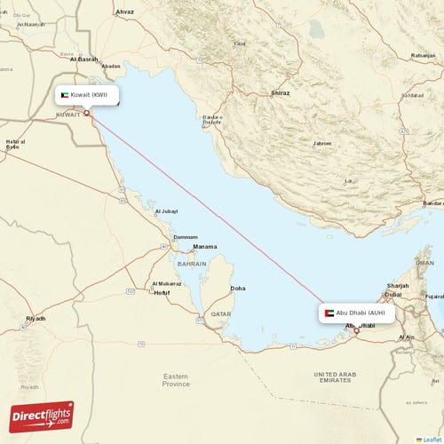 Kuwait - Abu Dhabi direct flight map