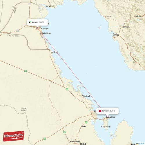 Kuwait - Bahrain direct flight map