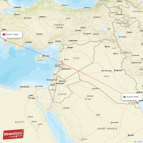 Kuwait - Bodrum direct flight map