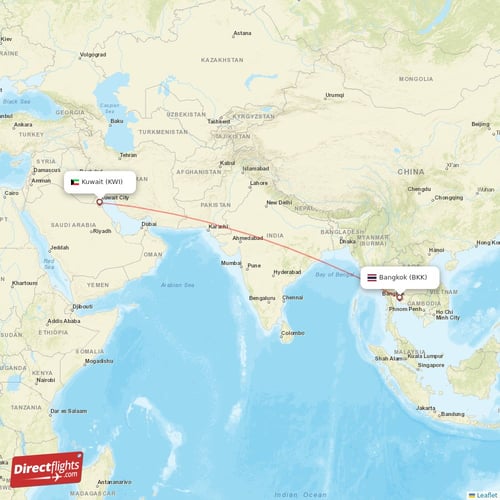 Kuwait - Bangkok direct flight map