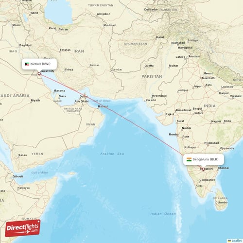 Kuwait - Bengaluru direct flight map