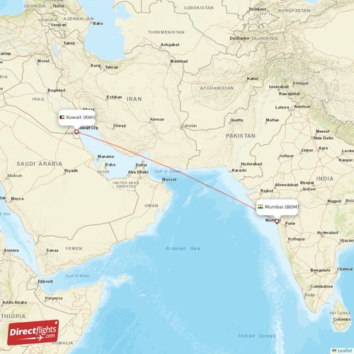 Kuwait - Mumbai direct flight map