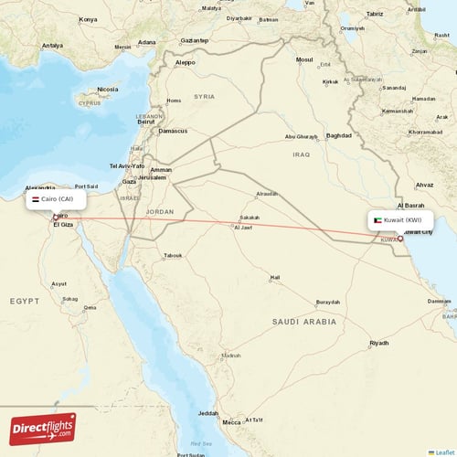 Kuwait - Cairo direct flight map
