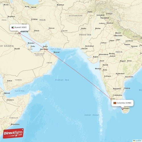 Kuwait - Colombo direct flight map