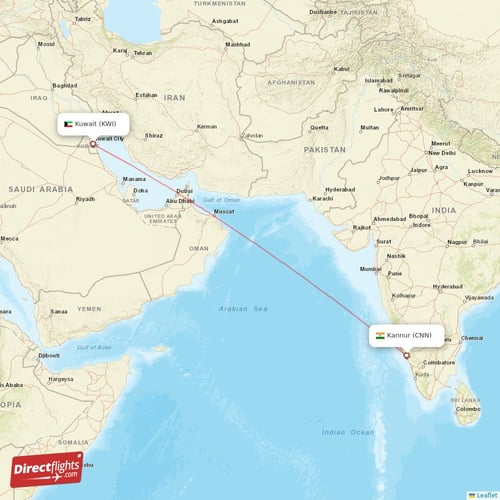 Kuwait - Kannur direct flight map