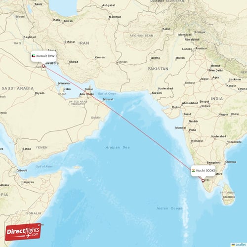 Kuwait - Kochi direct flight map
