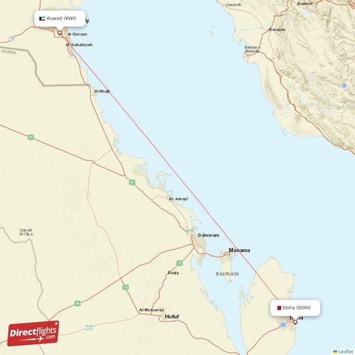 Kuwait - Doha direct flight map