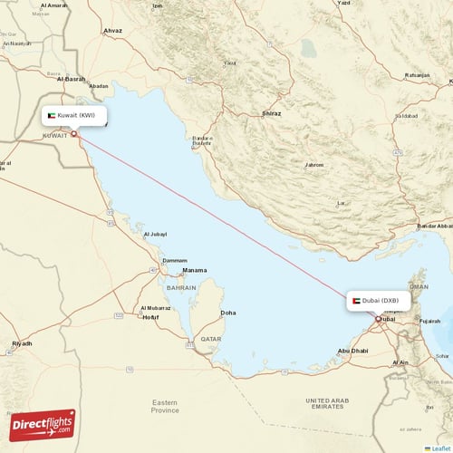 Kuwait - Dubai direct flight map